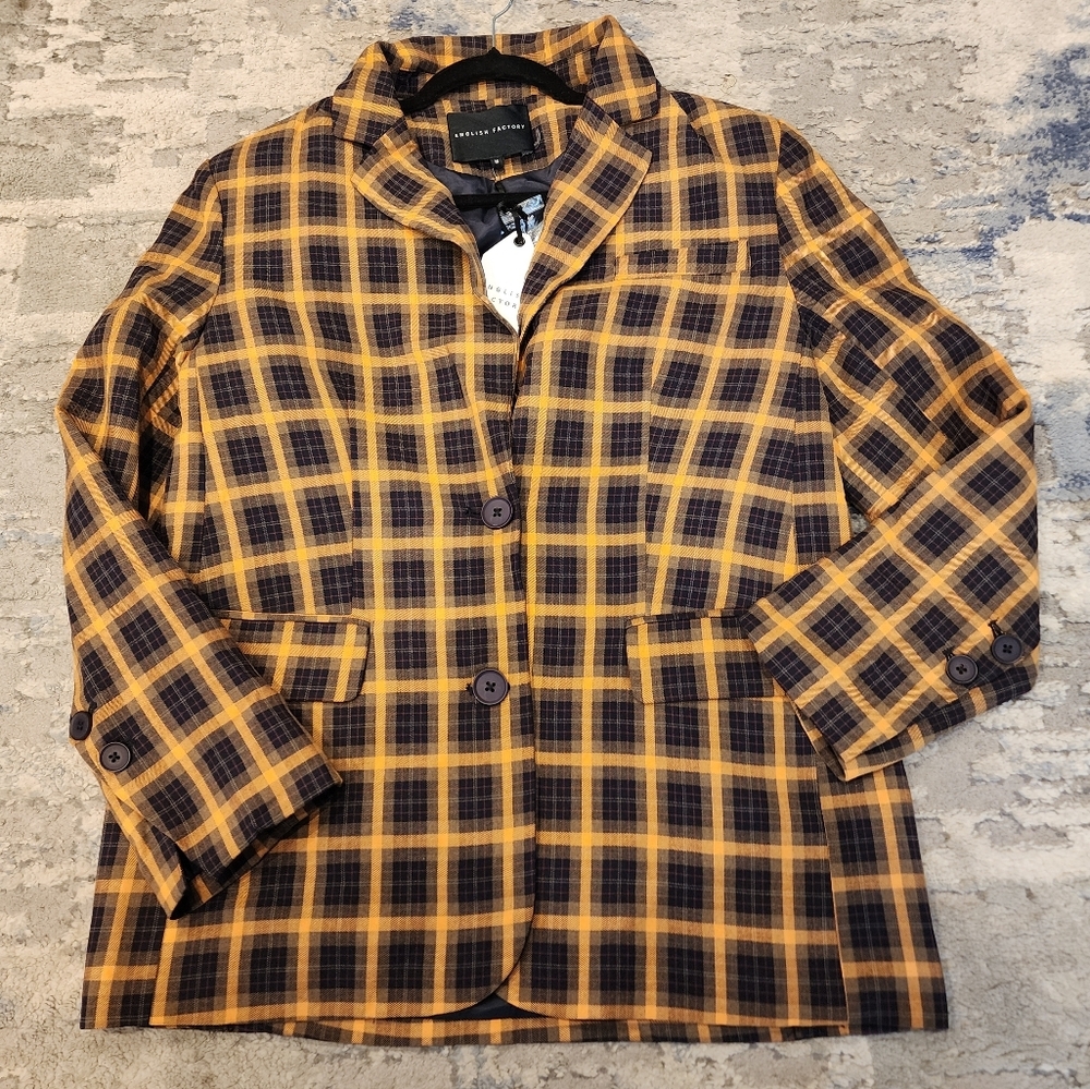 NWT English Factory Plaid Blazer Womens Size‎ Medium Orange Blue Preppy